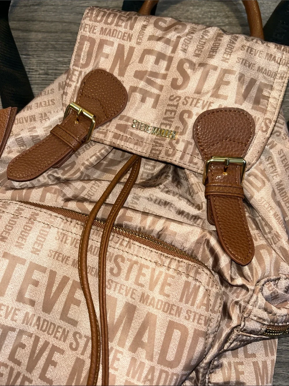 Steve Madden Logo Print Mini Backpack Tan Brown Nylon Drawstring Bag